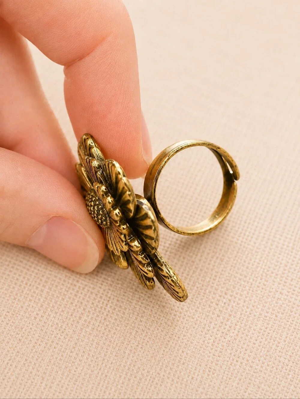 Oversized Gold Tone Floral Statement Ring Adjustable Daisy Boho Vintage